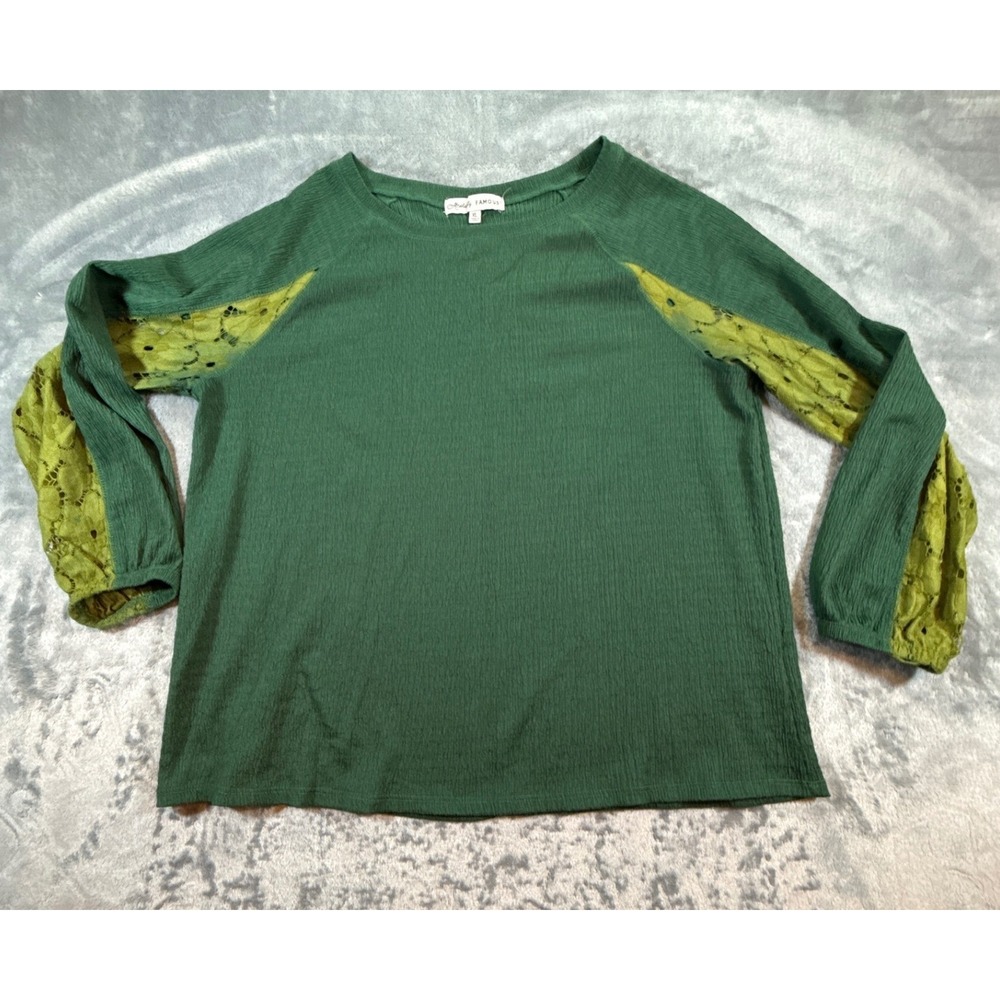 Almost Famous Womens Forest Green Lace Raglan Sleeve Textured Top Size L Boho
